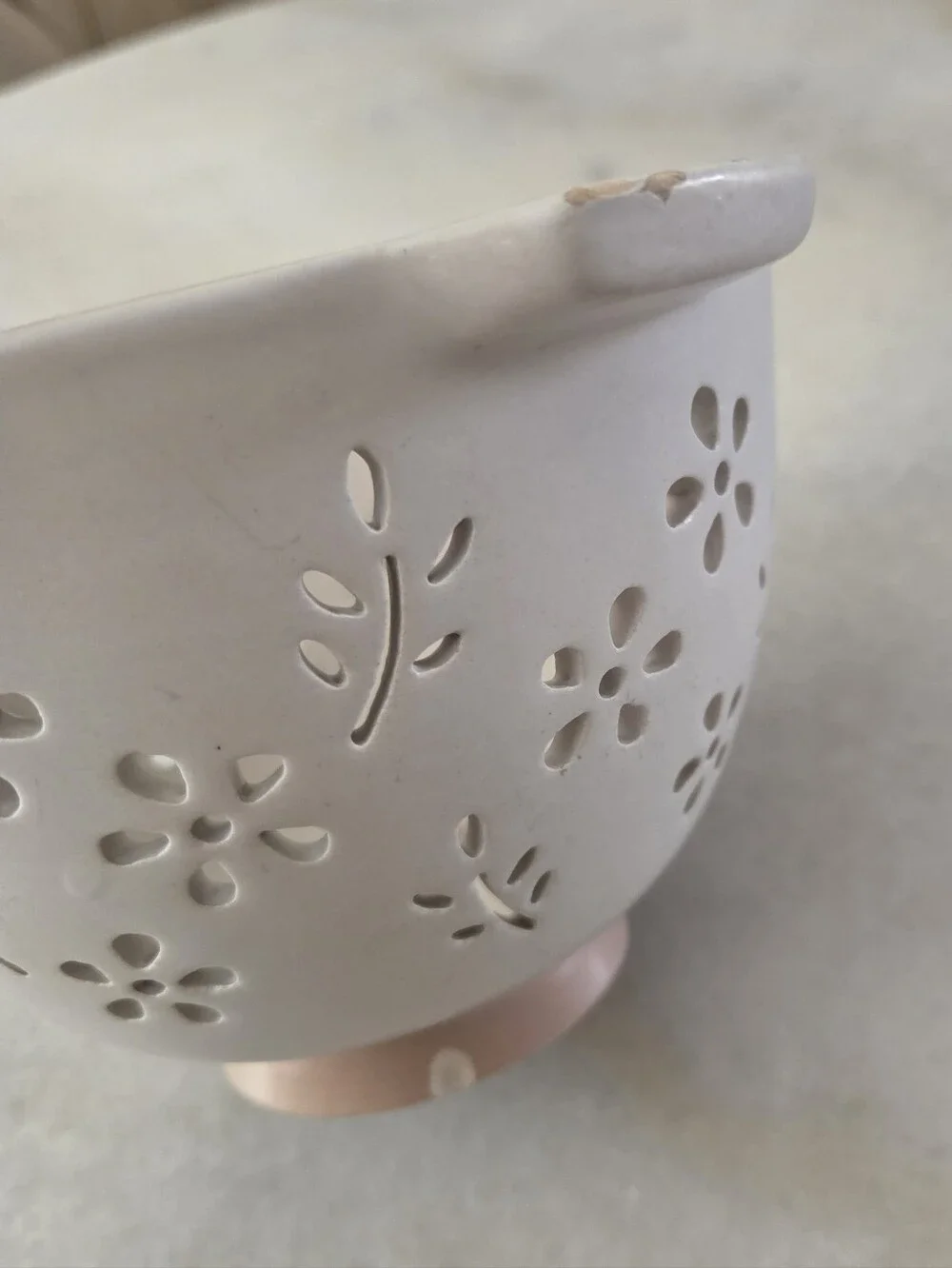 White Ceramic Floral-Colander Bowl with Handles